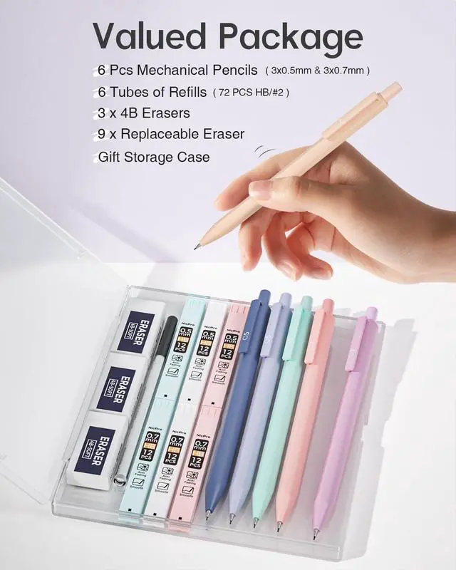 Alt view image 5 of 5 - Nicpro Pastel Mechanical Pencil Set, 0.5 & 0.7mm Cute Pencils, Pack of 6