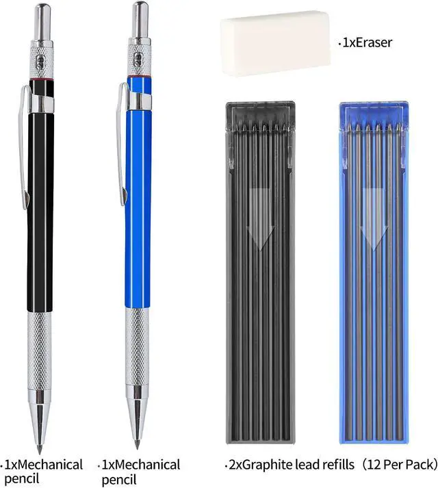 Alt view image 2 of 6 - 2mm Mechanical Pencil Set, 2 Pieces Artist Carpenter Drafting Pencils 2.0 mm with 2 Tube Lead Refill (HB, 2B), Art Lead Holder Metal Marker for Draft Drawing, Writing, Art Sketching