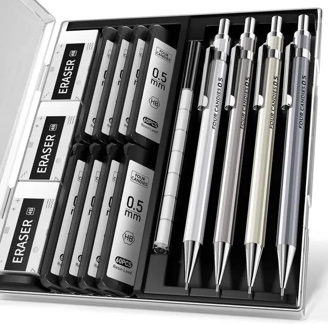 Main image of Mechanical Pencil Set, 0.5mm 4-Pack with Case, Metal Body, Fine Point