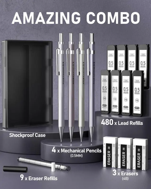 Alt view image 6 of 7 - Mechanical Pencil Set, 0.5mm 4-Pack with Case, Metal Body, Fine Point