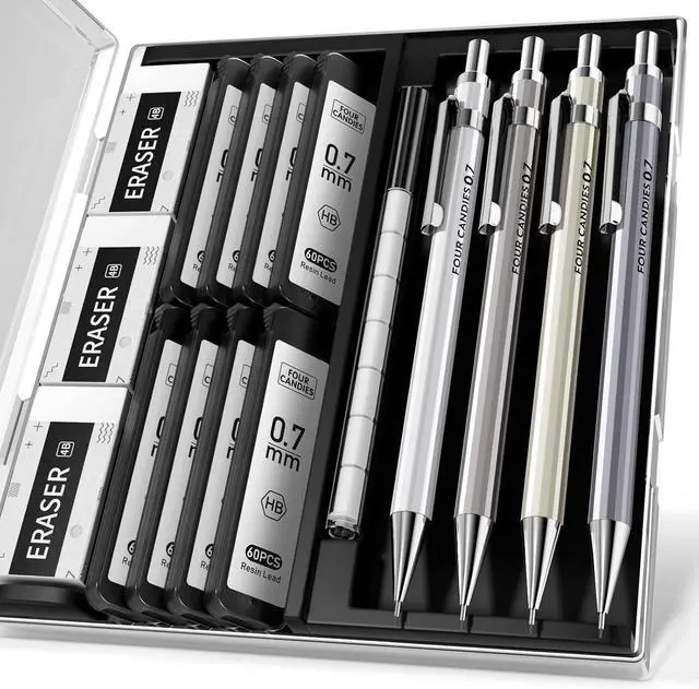 Main image of Mechanical Pencil Set, 0.7mm 4-Pack with Case, Metal Body, Medium Point