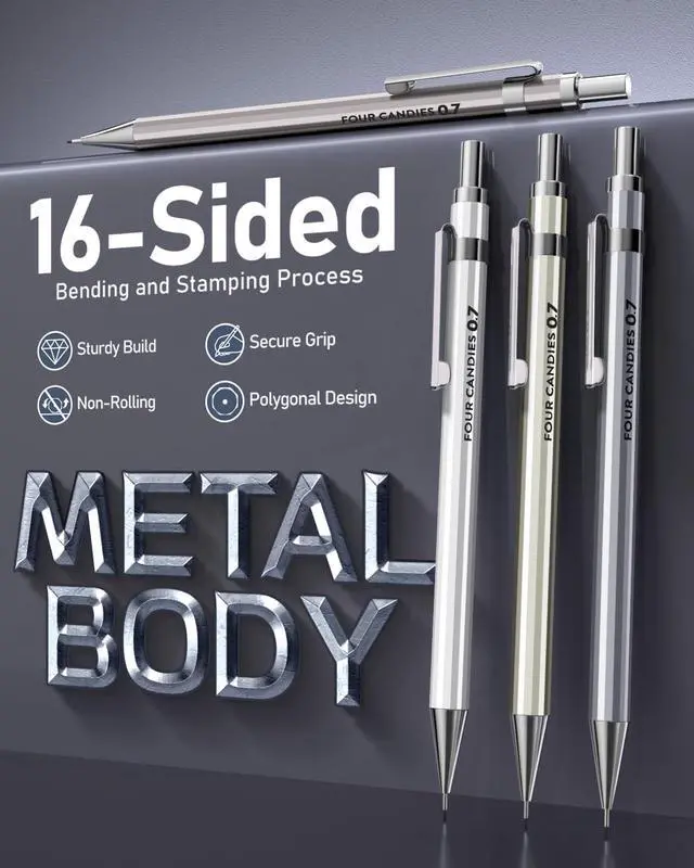 Alt view image 2 of 7 - Mechanical Pencil Set, 0.7mm 4-Pack with Case, Metal Body, Medium Point