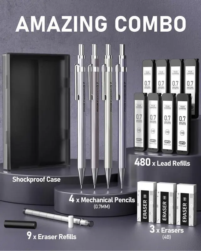 Alt view image 6 of 7 - Mechanical Pencil Set, 0.7mm 4-Pack with Case, Metal Body, Medium Point