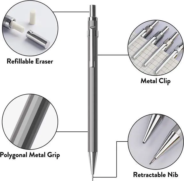 Alt view image 7 of 7 - Mechanical Pencil Set, 0.5mm 4-Pack with Case, Metal Body, Fine Point