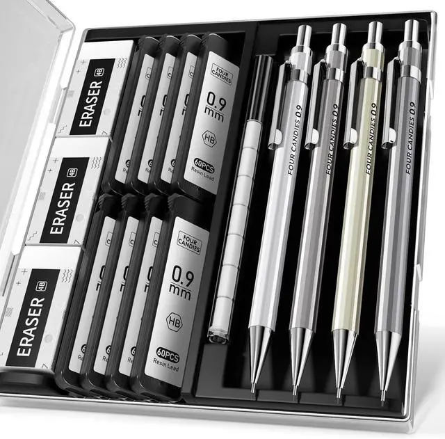 Main image of Mechanical Pencil Set, 0.9mm 4-Pack with Case, Metal Body, Break-Resistant