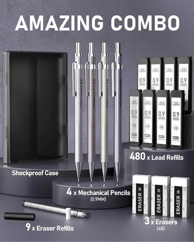 Alt view image 6 of 6 - Mechanical Pencil Set, 0.9mm 4-Pack with Case, Metal Body, Break-Resistant