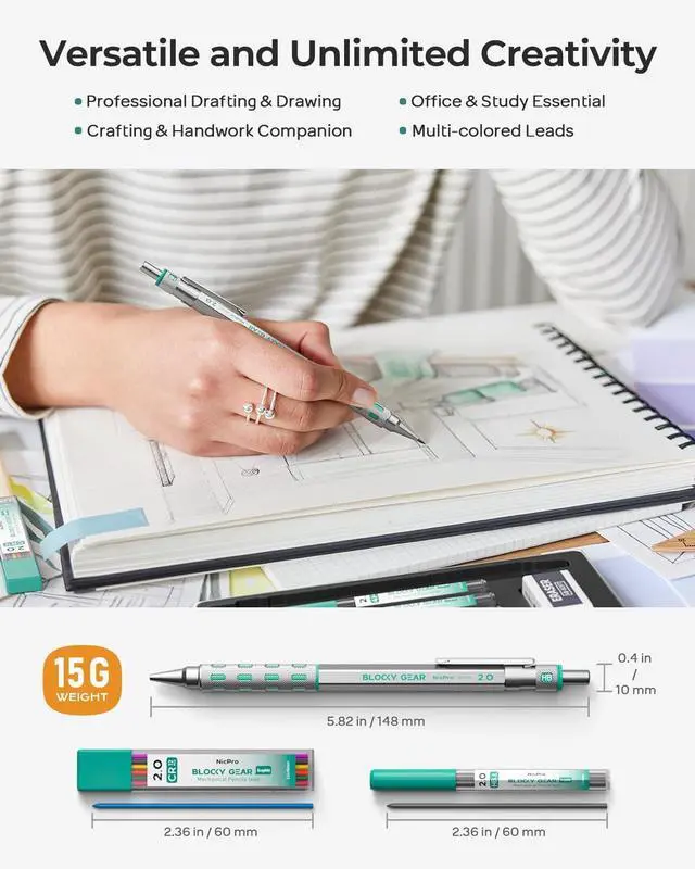 Alt view image 4 of 7 - Nicpro 2.0 mm Mechanical Pencils Set, Metal Drafting Pencil with Case