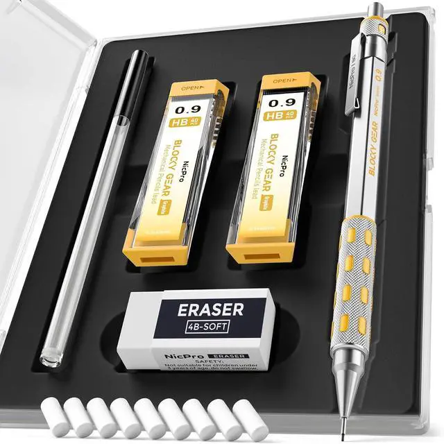Main image of Nicpro Blocky Gear 0.9 mm Mechanical Pencils Set, Metal Pencil with Case