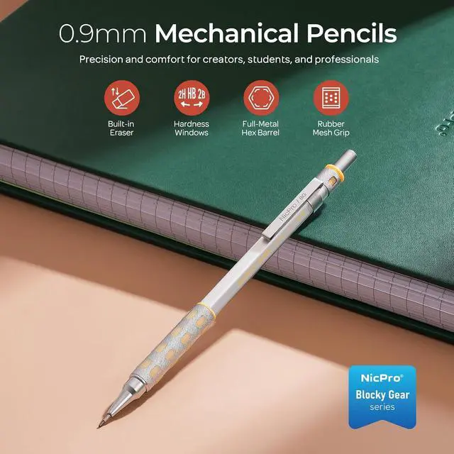 Alt view image 2 of 7 - Nicpro Blocky Gear 0.9 mm Mechanical Pencils Set, Metal Pencil with Case