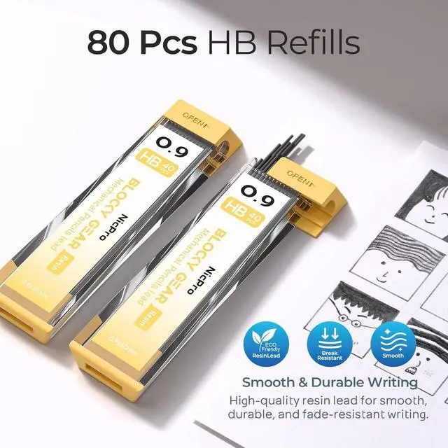 Alt view image 4 of 7 - Nicpro Blocky Gear 0.9 mm Mechanical Pencils Set, Metal Pencil with Case