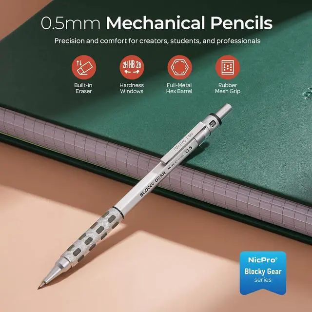 Alt view image 2 of 7 - Nicpro Blocky Gear 0.5 mm Mechanical Pencil Set in Case