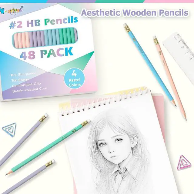 Alt view image 2 of 7 - V-Opitos Wood-Cased #2 HB Pencils, 48 Pack Pre-Sharpened Pencils with Top Erasers, Bulk Pastel Color Pencils for School Teacher Supplies, Writing, Drawing and Sketching