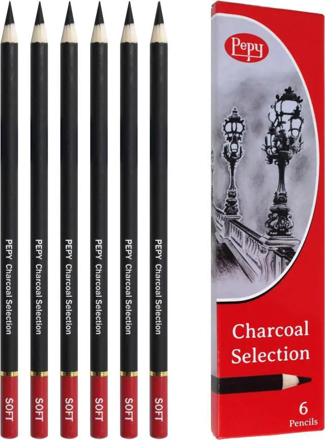 Main image of Pepy Professional Soft Charcoal Pencil Set Set of 6 Pre-Sharpened Black Charcoal Pencils; Perfect for Drawing, Sketching, Blending and Shading