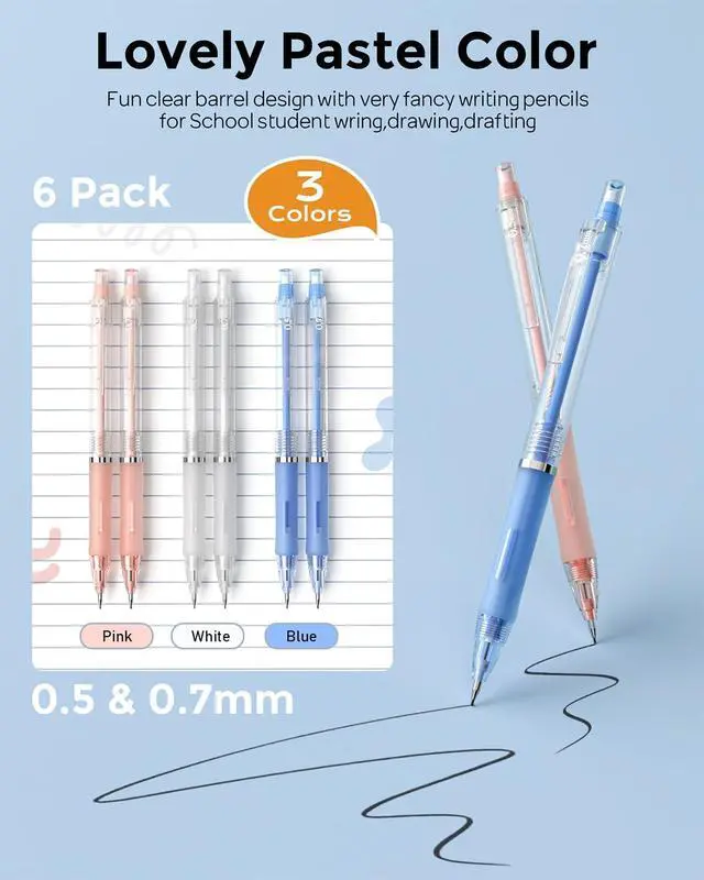 Alt view image 2 of 7 - Nicpro 23PCS Pastel Mechanical Pencil 0.5 & 0.7 mm with Case for School, with 12 tubes HB Lead Refills, 3 Erasers, 9 Eraser Refills For Student Writing, Drawing, Sketching, Blue & Pink & White Colors