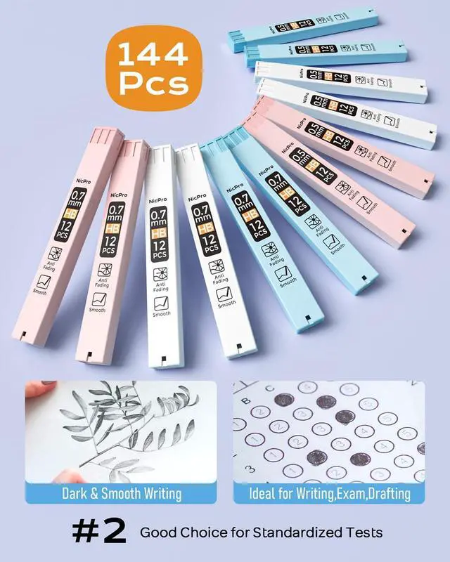 Alt view image 3 of 7 - Nicpro 23PCS Pastel Mechanical Pencil 0.5 & 0.7 mm with Case for School, with 12 tubes HB Lead Refills, 3 Erasers, 9 Eraser Refills For Student Writing, Drawing, Sketching, Blue & Pink & White Colors