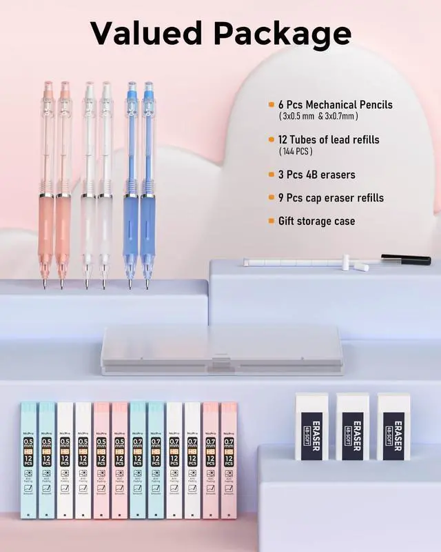 Alt view image 6 of 7 - Nicpro 23PCS Pastel Mechanical Pencil 0.5 & 0.7 mm with Case for School, with 12 tubes HB Lead Refills, 3 Erasers, 9 Eraser Refills For Student Writing, Drawing, Sketching, Blue & Pink & White Colors
