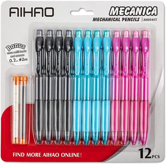 Alt view image 2 of 7 - AIHAO Mechanical Pencil 0.9, Thick Point, HB lead pencils with refills and cap erasers, Comfort Grip, Assorted Barrel Colors, 12 Pack