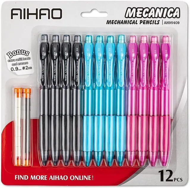 Alt view image 6 of 7 - AIHAO Mechanical Pencil 0.9, Thick Point, HB lead pencils with refills and cap erasers, Comfort Grip, Assorted Barrel Colors, 12 Pack