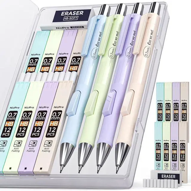 Main image of Nicpro Pastel Mechanical Pencil Set, 0.7mm Cute Pencils, Fast Click, 4 Pack
