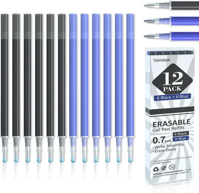 Main image of Vanstek 12 Pack 6 Blue 6 Black Erasable Gel Pen Refills, Gel Ink Refills Compatible with Erasable Pens, Fine Point 0.7 mm, Perfect for Writing Planner & Crossword Puzzles