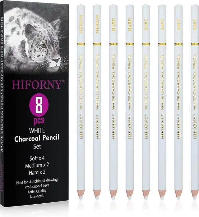 Main image of HIFORNY 8 Pieces White Charcoal Pencils Drawing Set for Drawing, Sketching, Shading, Blending - Chalk Pencils for Beginners & Artists