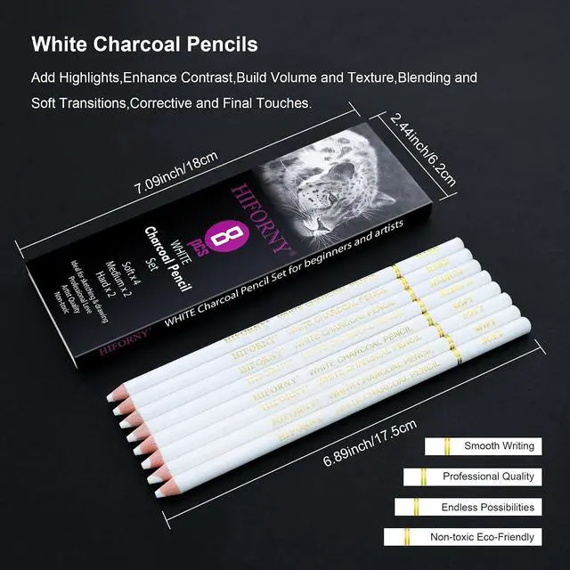 Alt view image 2 of 7 - HIFORNY 8 Pieces White Charcoal Pencils Drawing Set for Drawing, Sketching, Shading, Blending - Chalk Pencils for Beginners & Artists