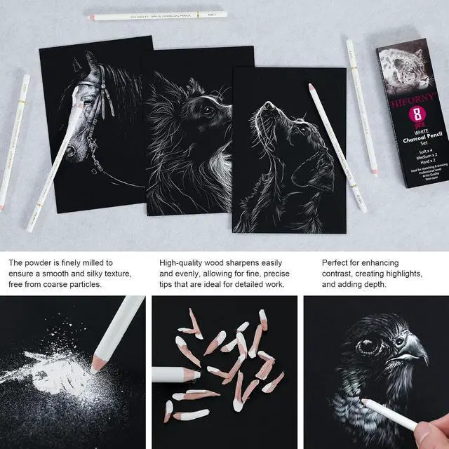 Alt view image 4 of 7 - HIFORNY 8 Pieces White Charcoal Pencils Drawing Set for Drawing, Sketching, Shading, Blending - Chalk Pencils for Beginners & Artists