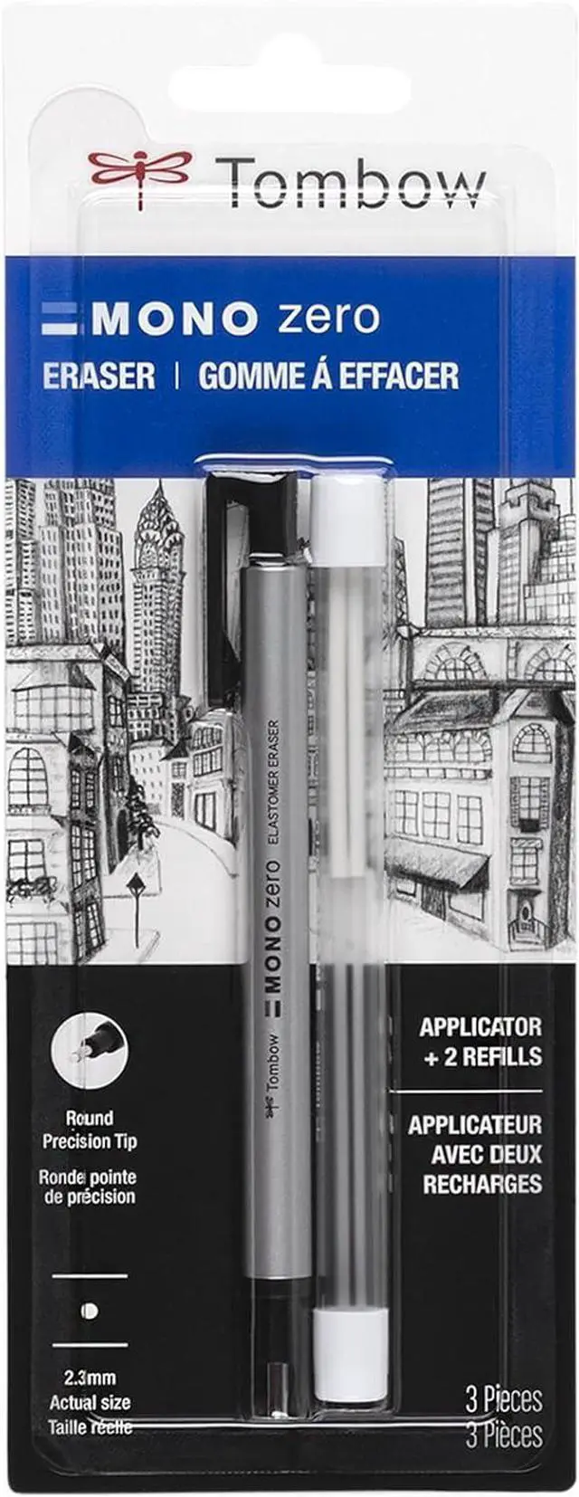 Main image of Tombow 57315 MONO Zero Eraser and Refill Value Pack, Round 2.3mm. Precision Tip Pen-Style Eraser with Refill