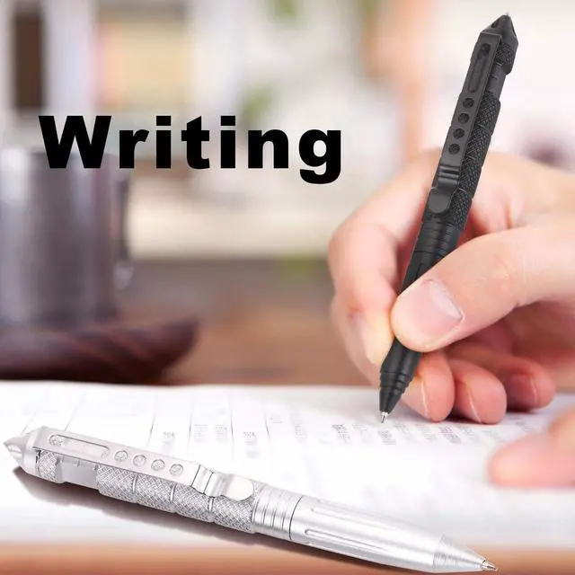 Alt view image 7 of 7 - 2 Pack Military Tactical Pen Set with 6 Black Ballpoint Refills for Writing, Made of Tungsten Steel & Aluminum (Black & Silver)