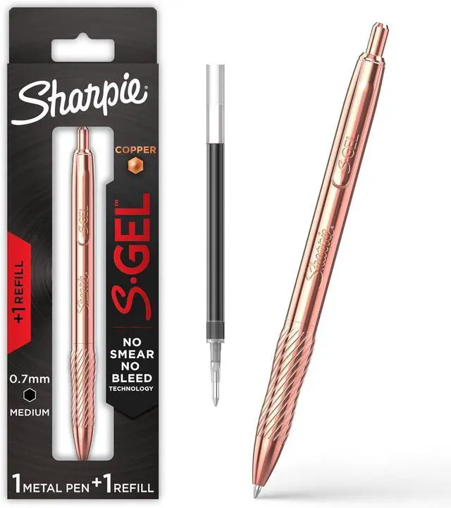 Main image of Sharpie S-Gel Gel Pen, Copper Metal Body, Medium Point (0.7mm), Black Ink, Includes 1 Pen and 1 Additional Ink Refill