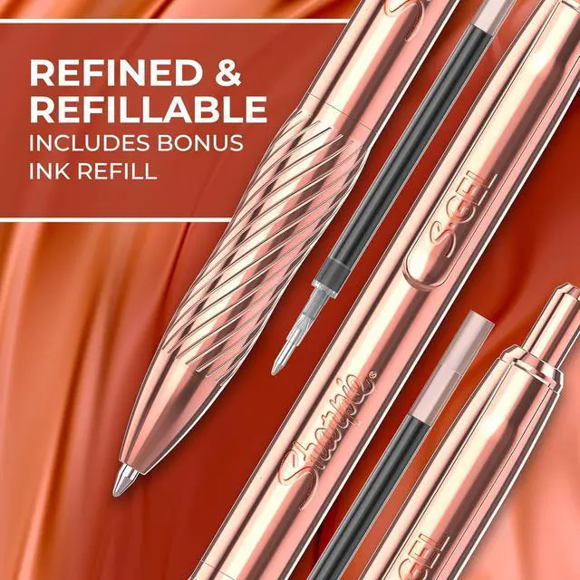 Alt view image 5 of 5 - Sharpie S-Gel Gel Pen, Copper Metal Body, Medium Point (0.7mm), Black Ink, Includes 1 Pen and 1 Additional Ink Refill