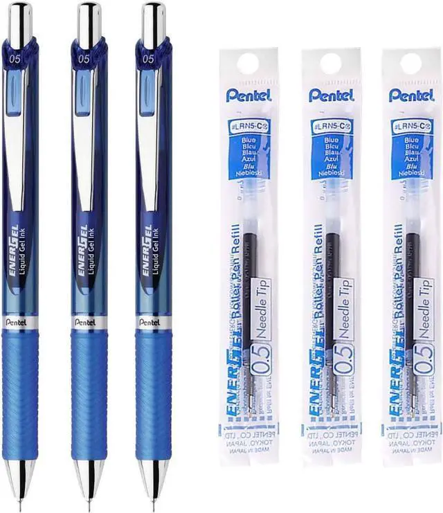 Main image of EnerGel Pentel Retractable Liquid Gel Pen, 0.5mm, Blue Ink, Blue Body, 3 Pens & 3 Ink Refills