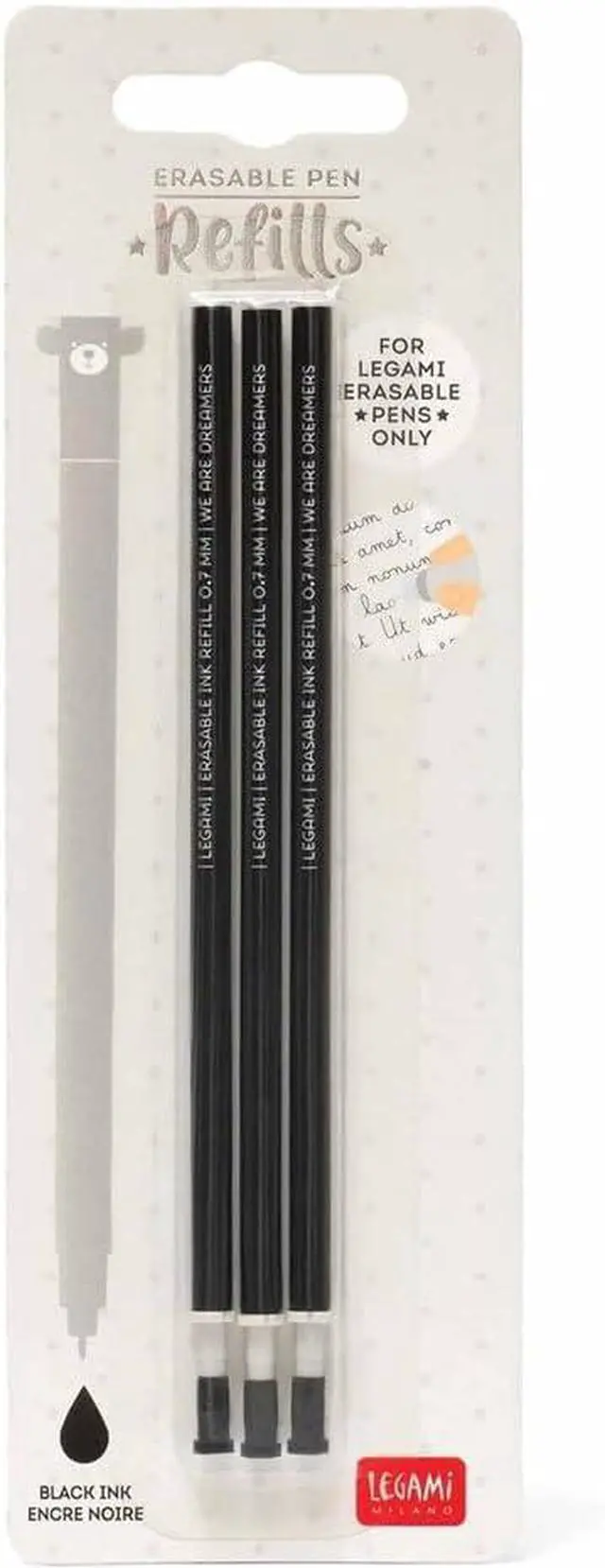 Main image of Legami Refill for Erasable Gel Pen, Set of 3 Refills, 13 cm Height, Black Thermosensitive Ink, 0.7 mm Tip