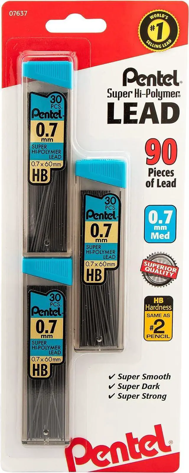Main image of Pentel C27BPHB3K6 Super Hi-Polymer Lead Refills, 0.7mm, HB, Black, 30 per Tube (Pack of 3 Tubes)
