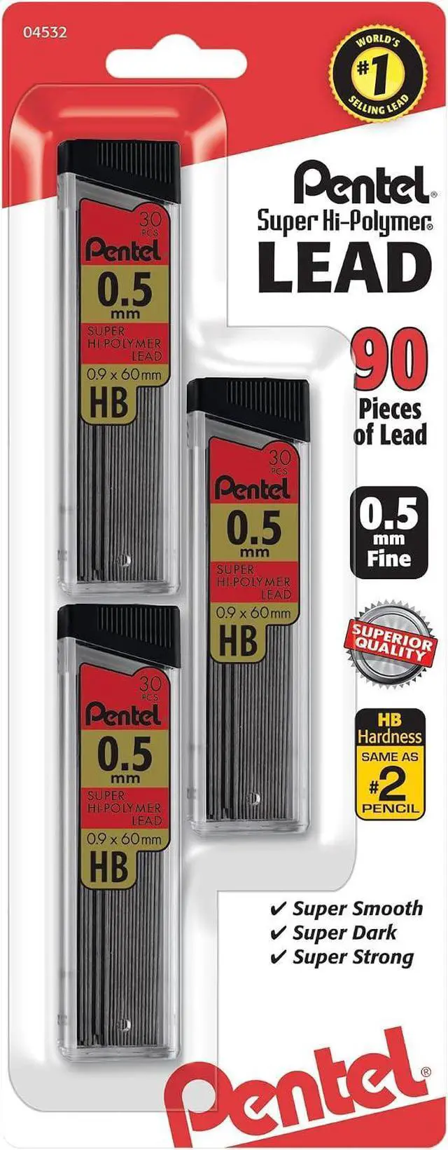 Main image of Pentel Super Hi-Polymer Lead Refills, (0.5 mm), Fine, HB, Pack of 3, 90 Pieces (C25BPHB3-K6)