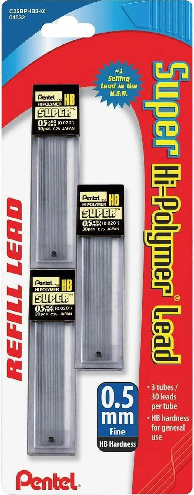 Alt view image 4 of 5 - Pentel Super Hi-Polymer Lead Refills, (0.5 mm), Fine, HB, Pack of 3, 90 Pieces (C25BPHB3-K6)