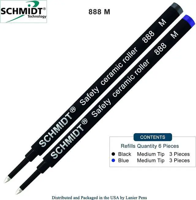 Alt view image 2 of 4 - Pack of 6 - Schmidt 888 M Safety Ceramic Rollerball Refill Blue/Black Ink Medium Tip