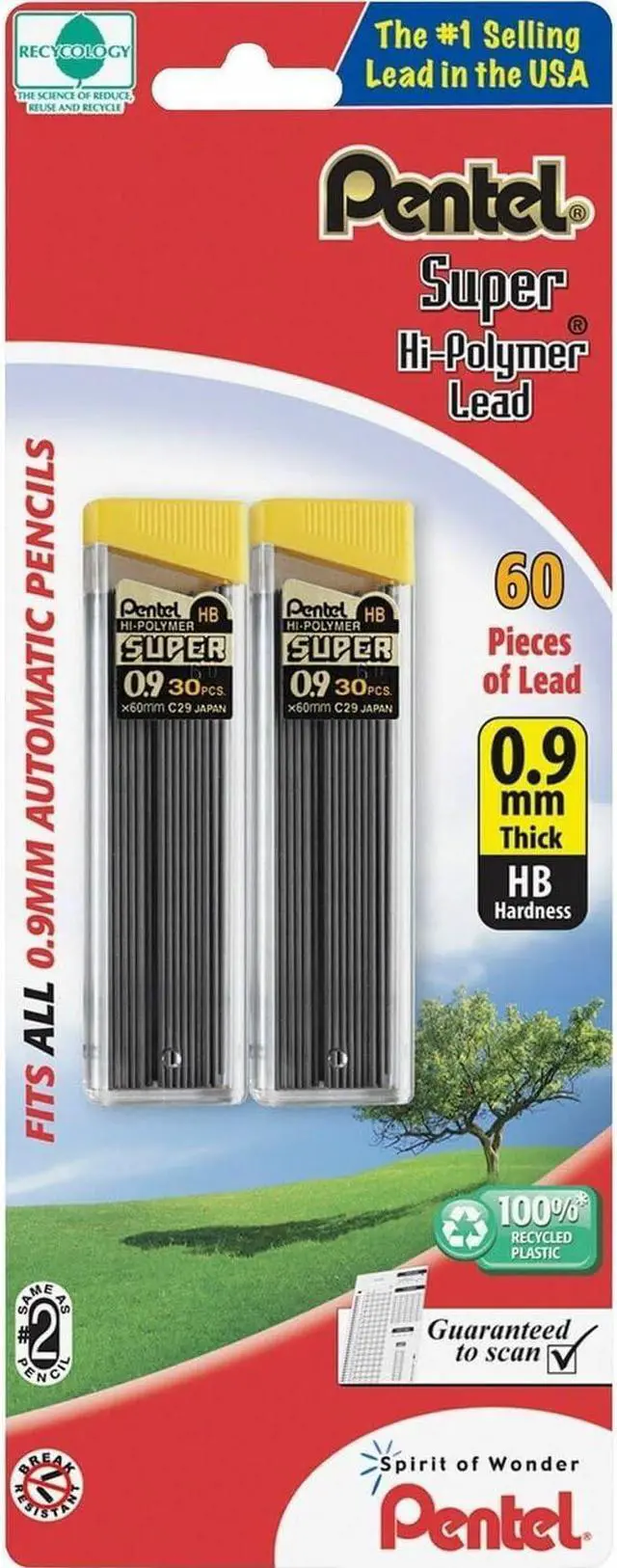 Main image of Pentel Super Hi-Polymer Lead Refill, 0.9 mm Thick, HB, 60 Pieces of Lead (C29BPHB2), Gray