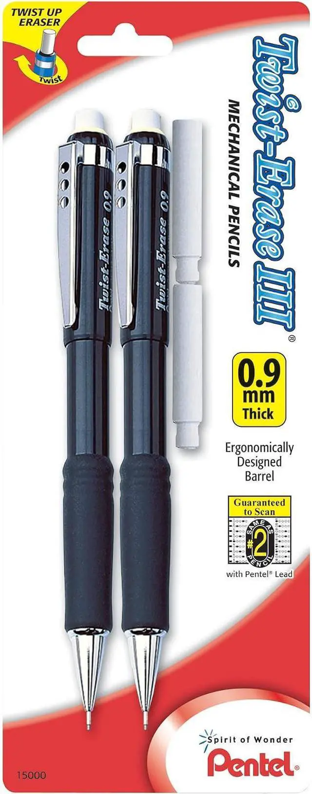 Main image of Pentel Twist-Erase III Mechanical Pencil, (0.9mm), Assorted Barrel Colors with 2 Eraser Refills, Pack of 2 (QE519BP2-K6)