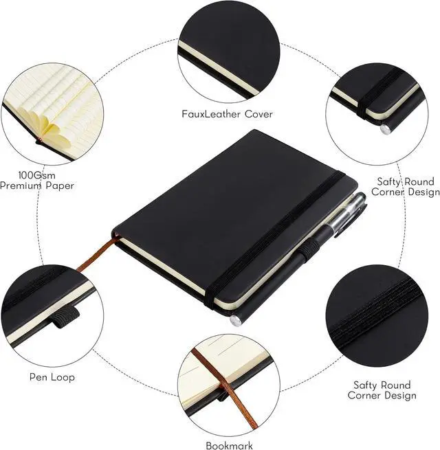 Alt view image 3 of 7 - 2Pack Pocket Notebook Small Notebook Journal Notebook 4 inches x 5.7 inches 200 Pages Leather Cover With Pen Holder Page Marker Ribbons(Black)