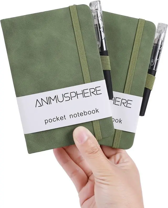 Main image of 2Pack Pocket Notebook Small Notebook Journal Notebook 4 inches x 5.7 inches 200 Pages Leather Cover With Pen Holder Page Marker Ribbons (Green-withpen)