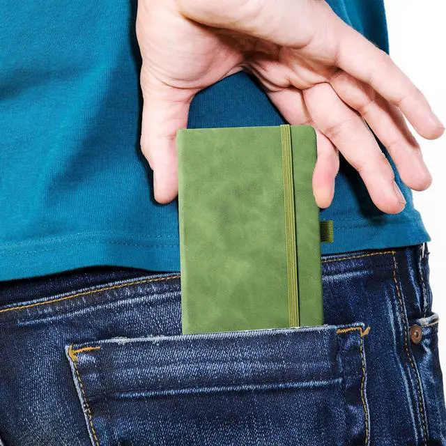 Alt view image 4 of 7 - 2Pack Pocket Notebook Small Notebook Journal Notebook 4 inches x 5.7 inches 200 Pages Leather Cover With Pen Holder Page Marker Ribbons (Green-withpen)