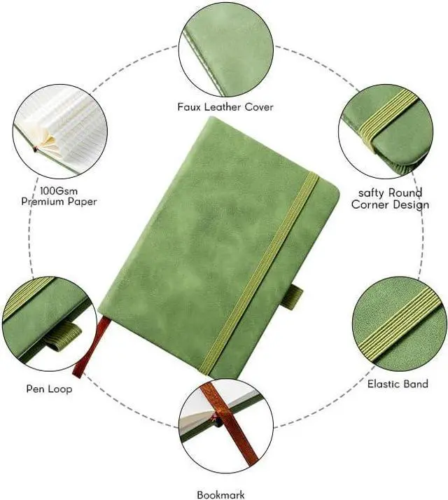 Alt view image 5 of 7 - 2Pack Pocket Notebook Small Notebook Journal Notebook 4 inches x 5.7 inches 200 Pages Leather Cover With Pen Holder Page Marker Ribbons (Green-withpen)