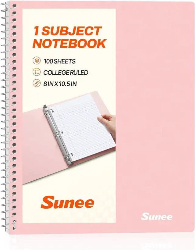 Main image of SUNEE Spiral Notebook, 1-Subject, College Ruled Paper, 8" x 10-1/2", 100 Sheets per Notebook, 3-Hole Punched Paper, Water Resistant Cover, Double-sided Pockets, Spiral Lined Notebooks for Work, Pink