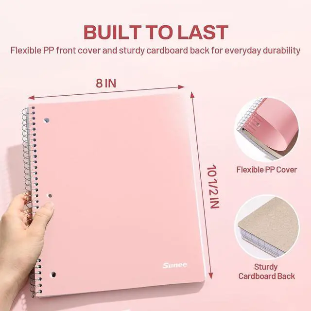 Alt view image 3 of 7 - SUNEE Spiral Notebook, 1-Subject, College Ruled Paper, 8" x 10-1/2", 100 Sheets per Notebook, 3-Hole Punched Paper, Water Resistant Cover, Double-sided Pockets, Spiral Lined Notebooks for Work, Pink