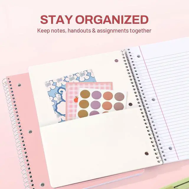 Alt view image 2 of 7 - SUNEE Spiral Notebook, 1-Subject, College Ruled Paper, 8" x 10-1/2", 100 Sheets per Notebook, 3-Hole Punched Paper, Water Resistant Cover, Double-sided Pockets, Spiral Lined Notebooks for Work, Pink