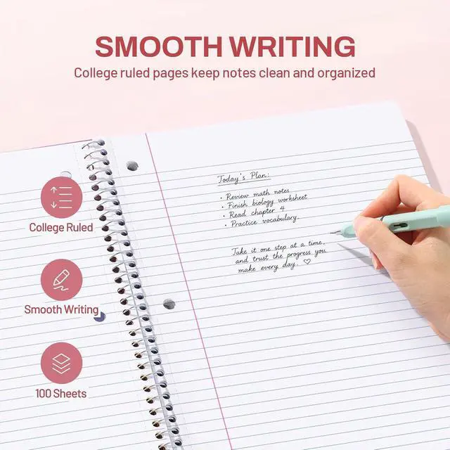 Alt view image 4 of 7 - SUNEE Spiral Notebook, 1-Subject, College Ruled Paper, 8" x 10-1/2", 100 Sheets per Notebook, 3-Hole Punched Paper, Water Resistant Cover, Double-sided Pockets, Spiral Lined Notebooks for Work, Pink