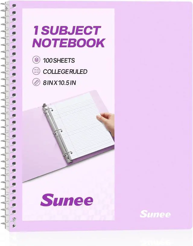 Main image of SUNEE Spiral Notebook, 1-Subject, College Ruled Paper, 8" x 10-1/2", 100 Sheets per Notebook, 3-Hole Punched Paper, Water Resistant Cover, Double-sided Pockets, Spiral Lined Notebooks for Work, Purple