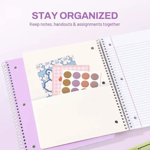 Alt view image 2 of 7 - SUNEE Spiral Notebook, 1-Subject, College Ruled Paper, 8" x 10-1/2", 100 Sheets per Notebook, 3-Hole Punched Paper, Water Resistant Cover, Double-sided Pockets, Spiral Lined Notebooks for Work, Purple