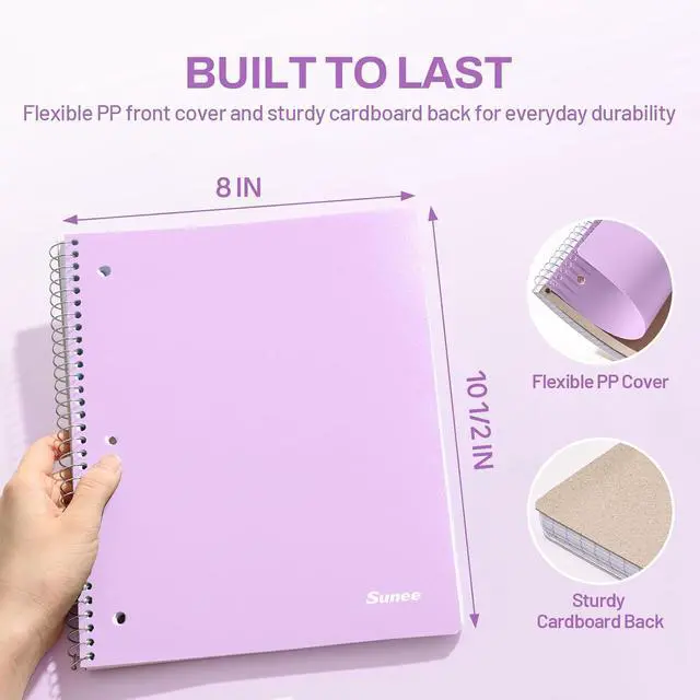 Alt view image 3 of 7 - SUNEE Spiral Notebook, 1-Subject, College Ruled Paper, 8" x 10-1/2", 100 Sheets per Notebook, 3-Hole Punched Paper, Water Resistant Cover, Double-sided Pockets, Spiral Lined Notebooks for Work, Purple